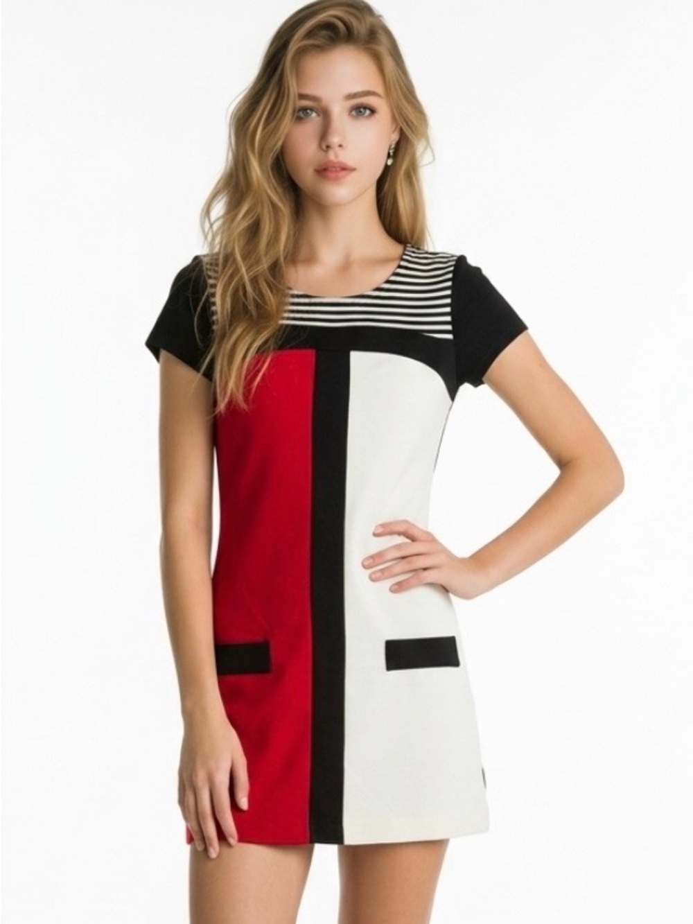 Colorblock Short Sleeve Shift Dress in Red, White & Black .from Italy